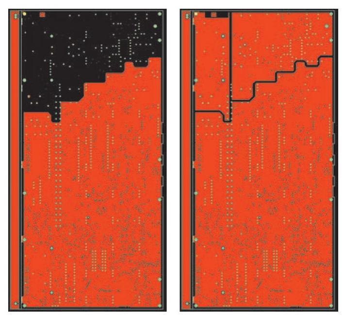 Not recommended solution – black area on the PCB is the low pressure area. Next to it, recommended solution – empty area has been filled with copper.
